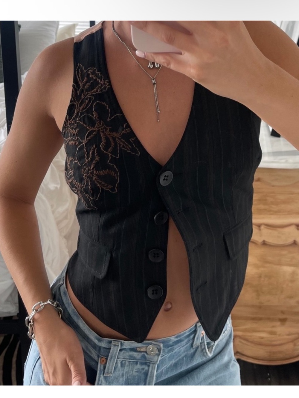 Vintage 90s Y2K Bebe Pinstripe Floral Embroidered Vest